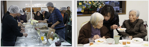 4：左）餃子作りコーナー風景；　右）水餃子と中華料理を味わう地域の高齢者住民